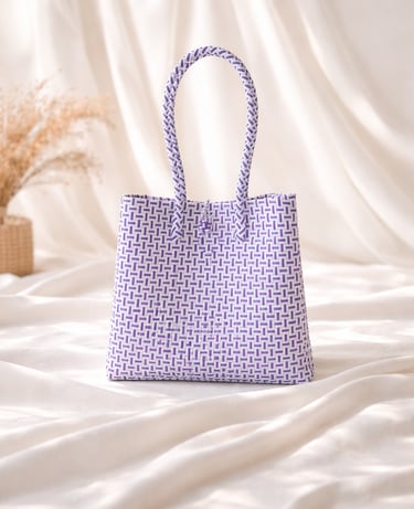 White purple woven plastic tote bag handmade eco friendly from Indonesia