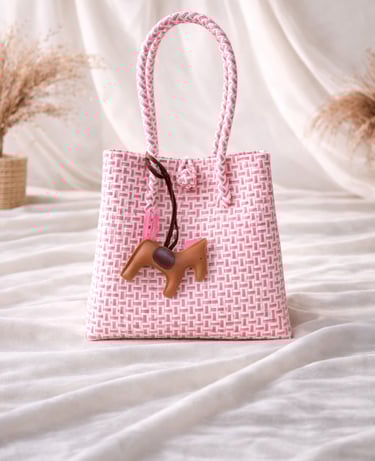 White pink woven plastic tote bag handmade from recycled plastic by Craftvitas
