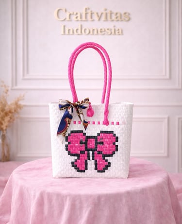 White and pink handwoven plastic tote bag with butterfly character, handmade eco friendly tote bag
