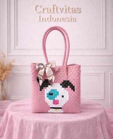 Pink handwoven plastic tote bag with dog character, handmade recycled plastic character tote bag