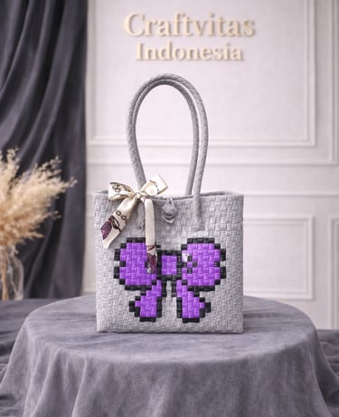 Grey handwoven plastic tote bag with purple butterfly character, handmade woven tote bag