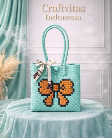 Mint green handwoven plastic tote bag with butterfly character, handmade recycled plastic tote bag