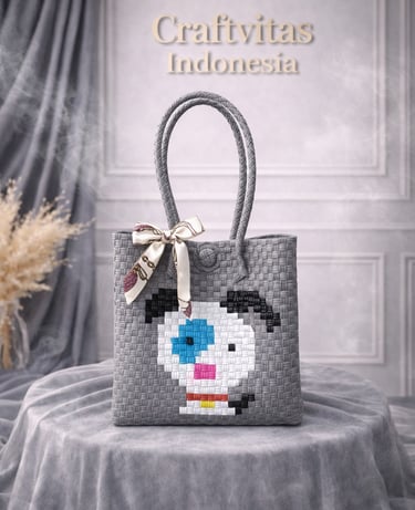 Grey handwoven plastic tote bag with dog character, handmade eco friendly woven bag