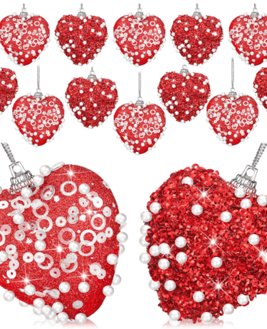 Halloscume 12 Pcs Valentine's Day Heart Ornaments Glitter Sequin Heart Shaped Baubles Decoration Val