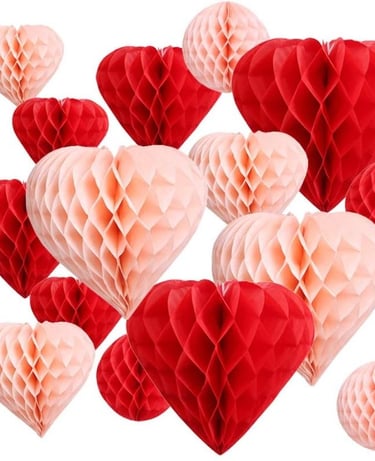 UNIQOOO 16 Pack Red Blush Pink Party Decoration Pom Pom | Heart & Ball Tissue Paper Honeycomb | Perf