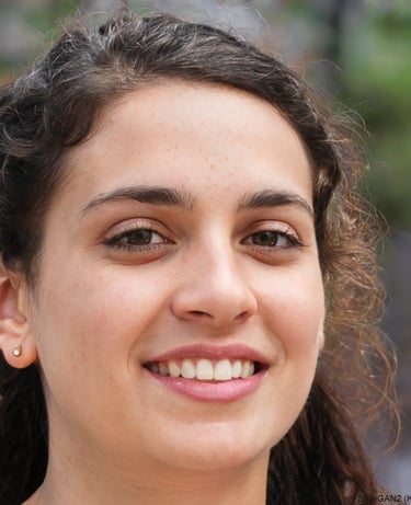 Retrato de uma mulher sorridente com cabelos castanhos encaracolados ao ar livre