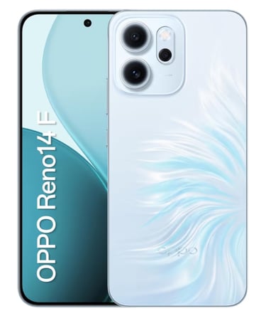 Front and back view of the OPPO Reno 14 F smartphone in a light blue floral textured finish.