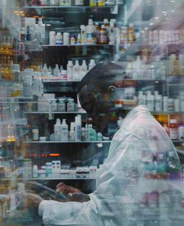 Man in labjas met een tabletcomputer, beeld van big pharma