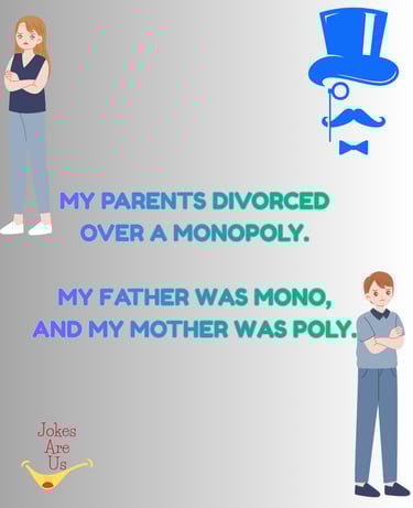Split image of couple with caption: "My parents divorced over Monopoly. Dad was mono, mom was poly."