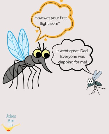 2 mosquitoes chat, son sharing excitement with dad about 1st flight as everyone was clapping for him