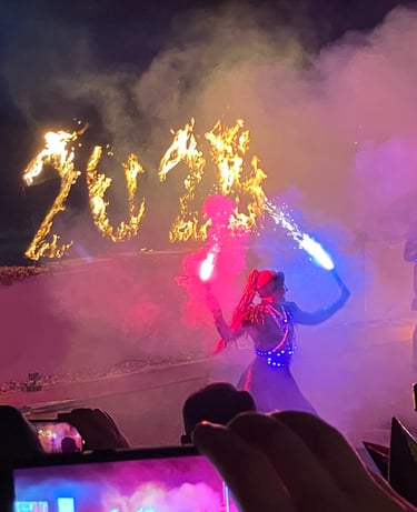 Fire show at Aqua Palace Prague at midnight on New Years Eve