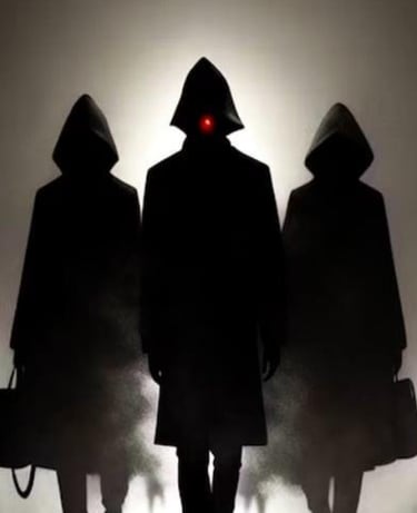 three people in silhouettes walking in the fog