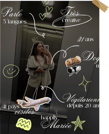 Woman taking a mirror selfie in an elevator with doodles describing her as a creative dog mom and traveler.