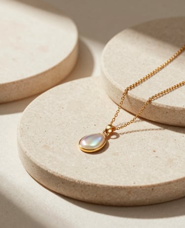 An elegant studio still life of delicate gold pendant necklaces layered over soft beige travertine plates. High-end lifestyle magazine style, beautifully styled with warm-toned shadows and a minimal, clean composition under soft morning light.
