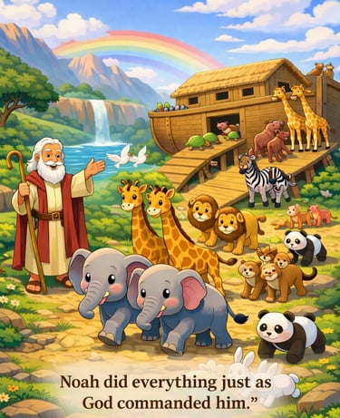 Noah’s Ark Bible verse for kids Genesis 6:22 obedience and trust in God Christian illustration