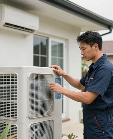 A professional technician wearing smart apparel inspecting a clean residential air conditioning system outside a modern home. The scene has clear, bright lighting, emphasizing trust and structural reliability in a Global / North American and Australian residential setting.