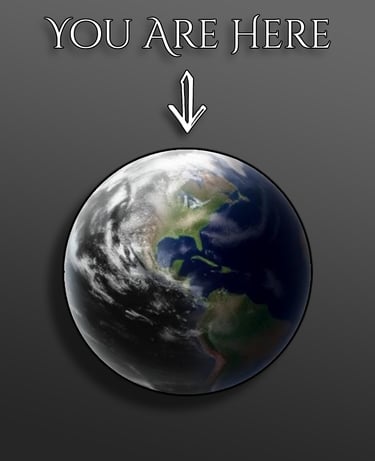"You Are Here" with an arrow pointing to the black and white planet graphic.