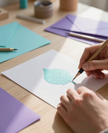 A close-up photograph of hands meticulously crafting personalized stationery, with vibrant lilac and turquoise design materials on a light wooden table. Soft, glowing morning light illuminates the delicate paper crafts. Elegant Portuguese creative home workshop setting.