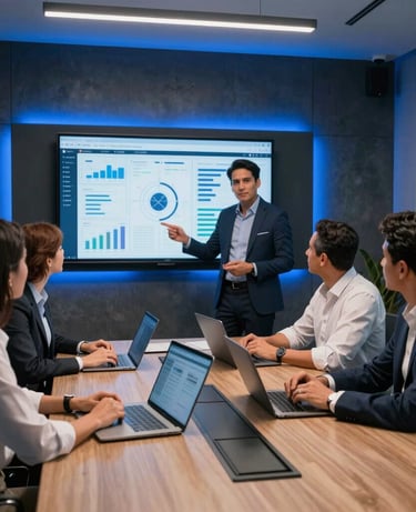 A professional photography scene showing a Latin American / Hispanic Enterprise executive team collaborating in a modern conference room with dark slate tone finishes, vivid electric blue ambient LED highlights, viewing digital strategic planning charts on modern displays.