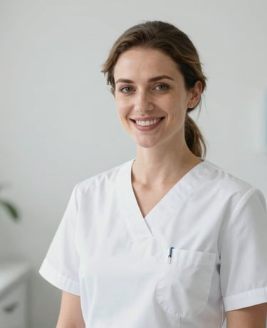 A warm, professional portrait of a friendly female nurse of European Union origin, wearing clean medical scrubs, smiling reassuringly at the camera in a modern, bright Spanish clinic setting. The lighting is natural and soft, with a palette of clean white, soft gray, and gentle medical blue accents.