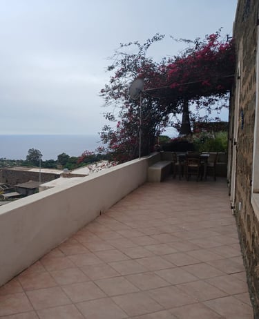 Panoramic terrace of dammuso in Rekhale with flowering pergola and sea view