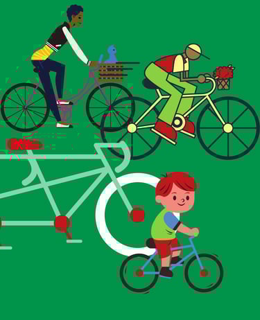 a man and woman riding bicycles with balloons