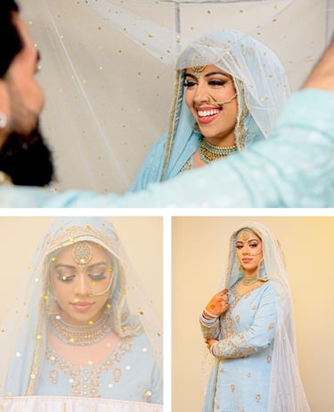asian bride In blue traditional wedding dress, smiling light & airy photo
