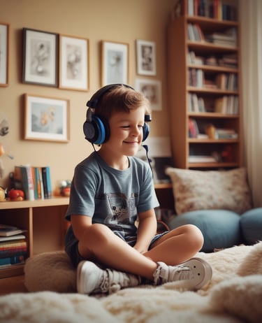 Roześmiany sześcioletni chłopiec w słuchawkach, słucha siedząc po turecku na tapczanie.
