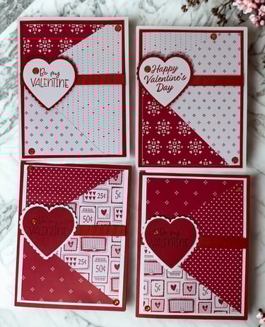 Set of 4 red and white Valentine cards in tri panels
