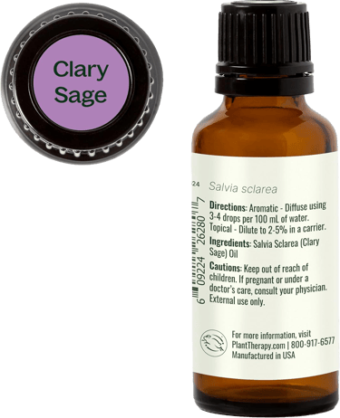 Clary Sage bottle showing usage directions, cautions and labeled purple cap