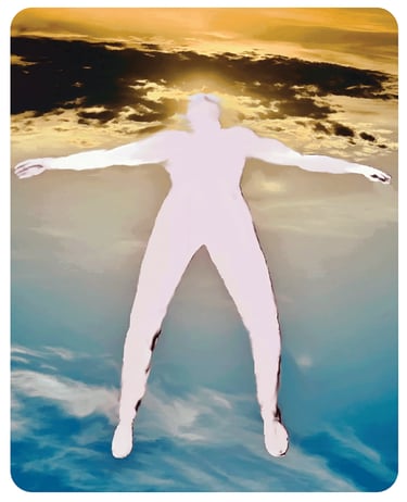 Pop art of man floating in a sunset sky.