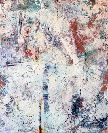 Layered painting in cream, blue, and rust with hints of language.