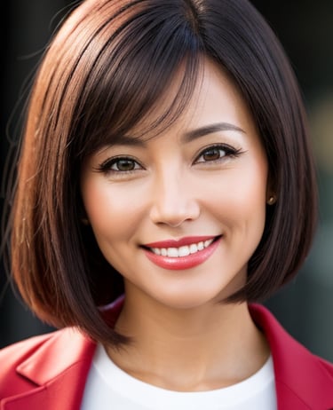a woman with a red jacket and white shirt
