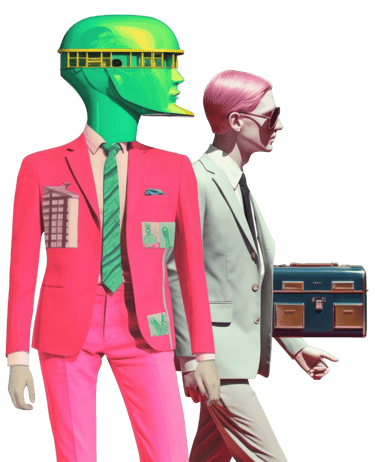 Abstraktes und Kunstvolles Bild von 2 Mönnern, einer hat einen Koffer der andere einen grünen Bus