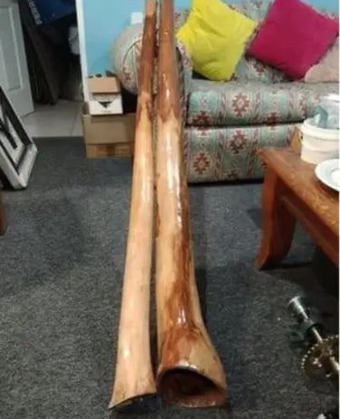 a pair of didgeridoos with a couch and a table