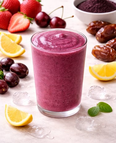 Purple acai berry smoothie in a glass surrounded by fresh strawberries, cherries, and dates.
