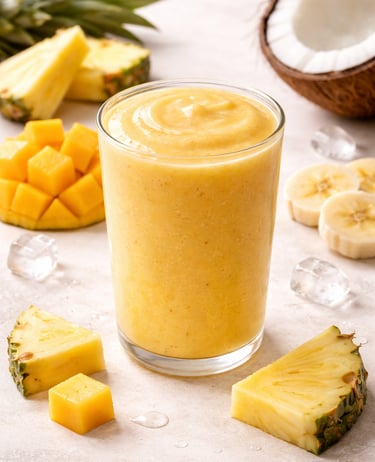 Tropical yellow mango pineapple smoothie in a glass with fresh fruit slices and coconut.