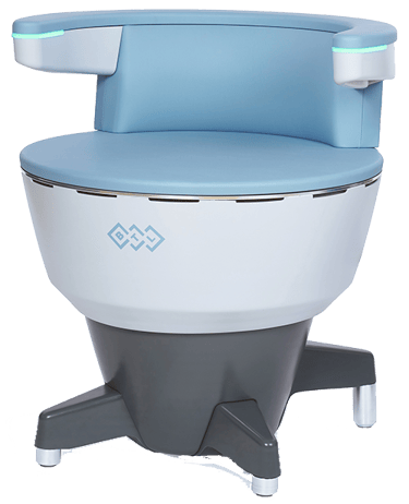 BTL Emsella chair that is round and light cyan 