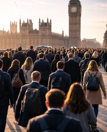 Crowd of people crossing London Bridge