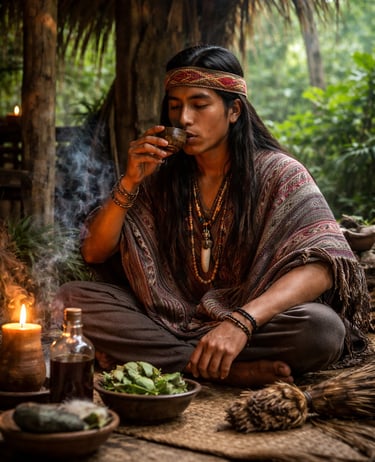 A shaman drinking ancestral medicine from a learning diet in the jungle and valley. Peruvian