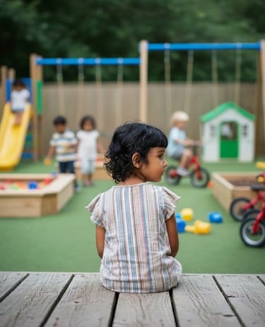Girl with selective mutism sits alone in a UK preschool garden.