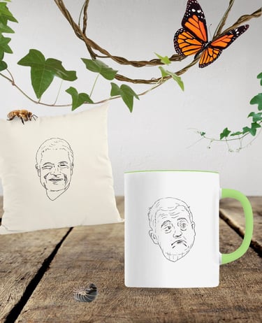 coussin commerce équitable et mug avec portraits stylisés