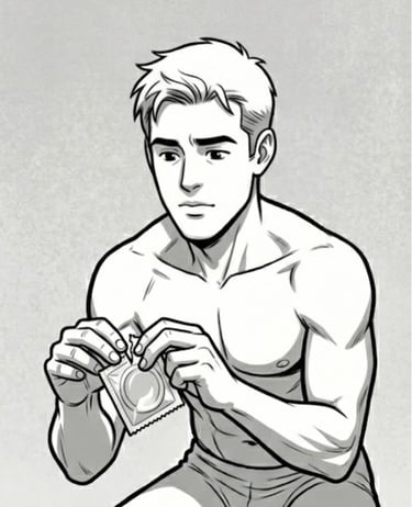 cartoon male opening condom
