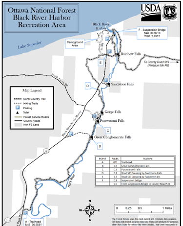 Visual map showing hiking trails and multiple waterfalls throughout the Black River Recreation Area