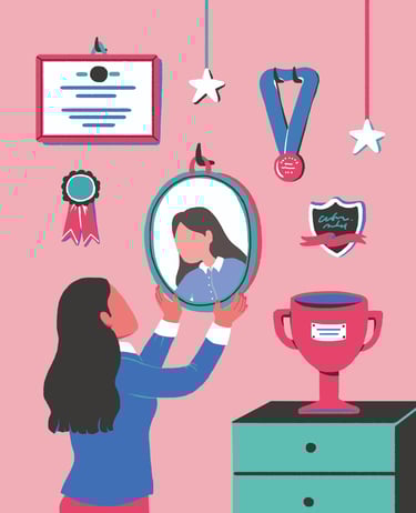 a woman is hanging a mirror in a wall full of trophies