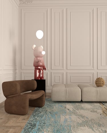 Modern living room with a pink bear sculpture, brown designer armchair, and blue area rug.
