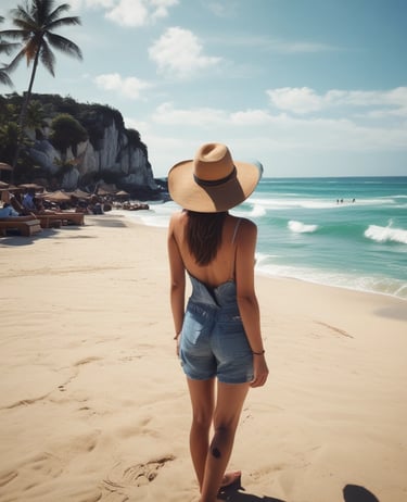 woman sits on brown wooden beach chair