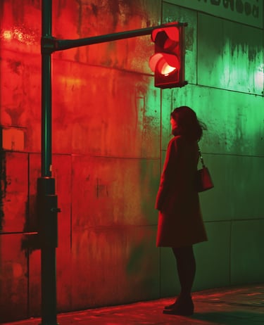 Solitary figure under traffic light