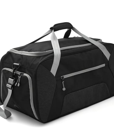 Black and grey large sports duffel bag with shoulder strap and multiple zip pockets for travel or gym.