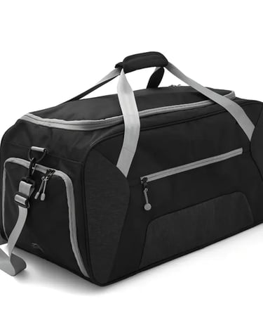Black and grey sports duffel bag with adjustable shoulder strap and multiple zippered compartments.